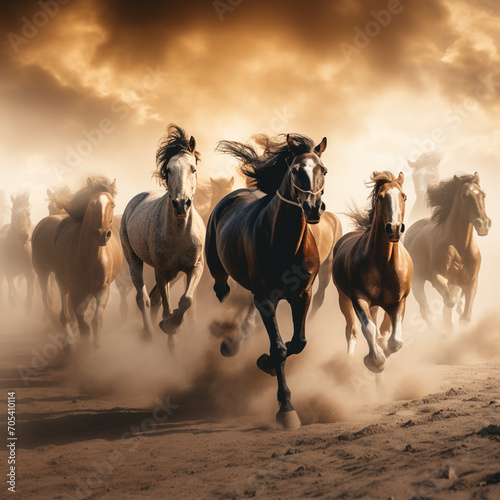horse with long mane run gallop in desert a group of big young beautiful energetic powerful horses running or galloping towards the camera in the desert  ultra wide angle lens.  