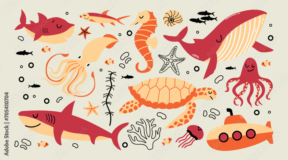 Set of sea and ocean animals turtle, squid, fishes, whale, octopus, submarine cartoon vector illustration - obrazy, fototapety, plakaty 