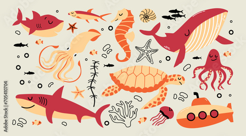 Set of sea and ocean animals turtle, squid, fishes, whale, octopus, submarine cartoon vector illustration © Oksana