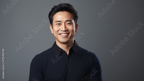 A Portrait of an Asian man smiling mischievously on a white isolated transparent background. photo