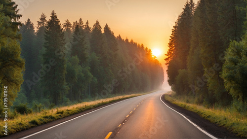 A long road with dense trees on the sides at sunrise