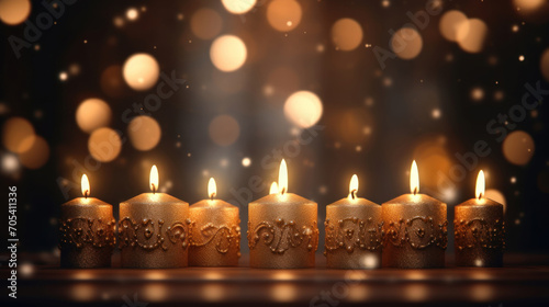 Golden glitter candles lit in a row, creating a warm, festive atmosphere with sparkling bokeh lights in the background.