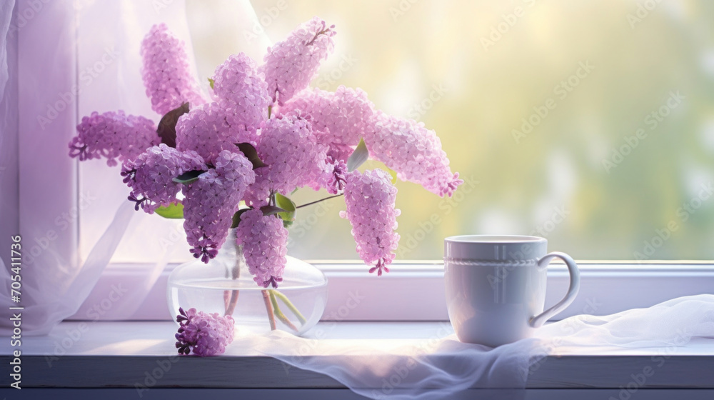 Fototapeta premium Lilac flowers in a vase with a coffee cup on a serene window sill, bathed in soft morning light.
