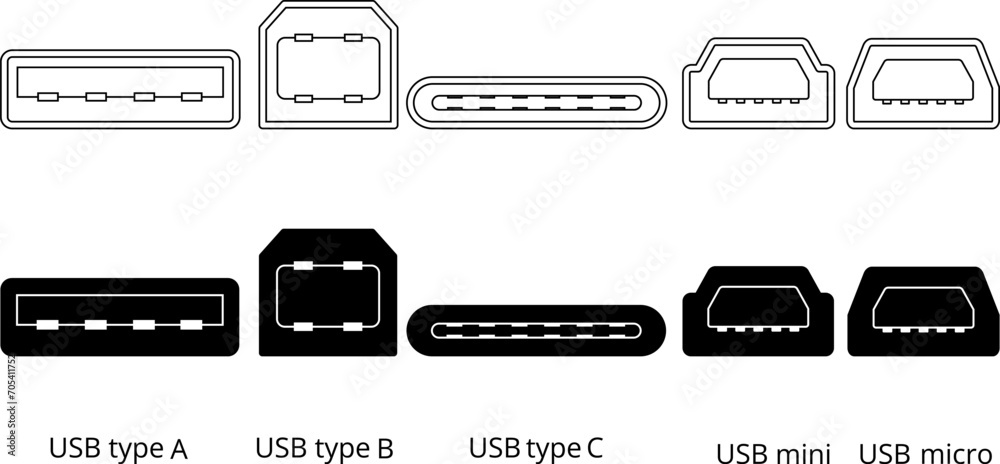 Obraz premium Universal Serial Bus ports usb type icon set