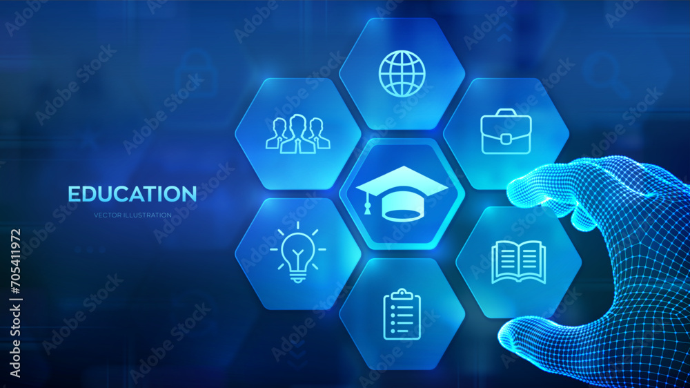 Fototapeta premium Education. Innovative online E-learning concept. Webinar, teaching, online training courses. Skill development. Wireframe hand places an element into a composition visualizing Learning. Vector.