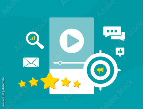 SEO Video Marketing. Customer testimonials, Expert interviews for reaching customers, increasing conversion rates and improving video SEO strategy. Isolated on green vector illustration with icons