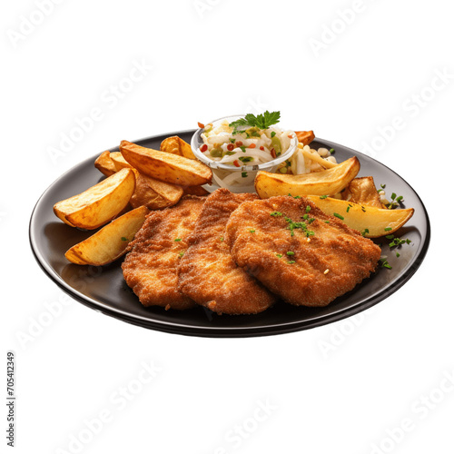 fried chicken breast on wooden board isolated on transparent.
