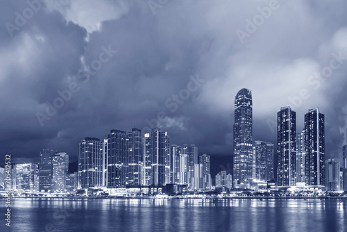 Panorama of skyline and Harbor of midtown of Hong Kong city at dusk