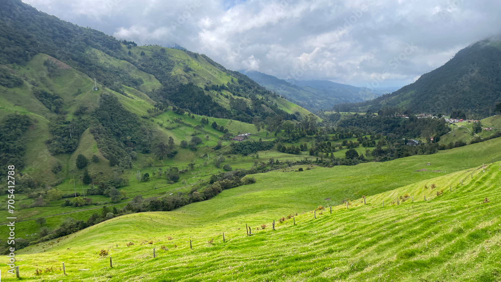 Cocora Valley in Colombia looking out into the majestic mountain valley with a fence line rolling over the hill