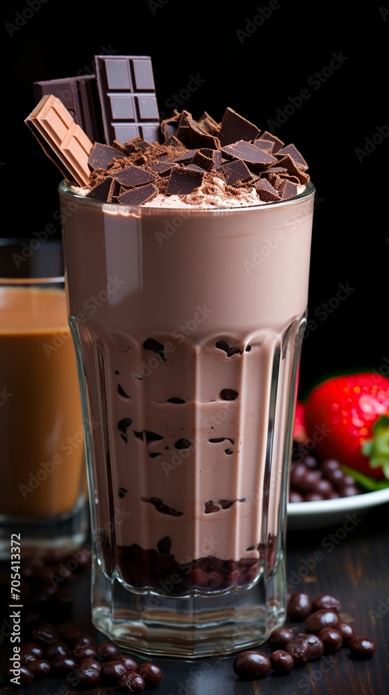Chocolate milk shake with chocolate pieces on a dark background ,Chocolate day, Valentines Day, Valentines week Chocolate milk shake with chocolate pieces on a dark background ,Chocolate day, Valentines Day, Valentines week