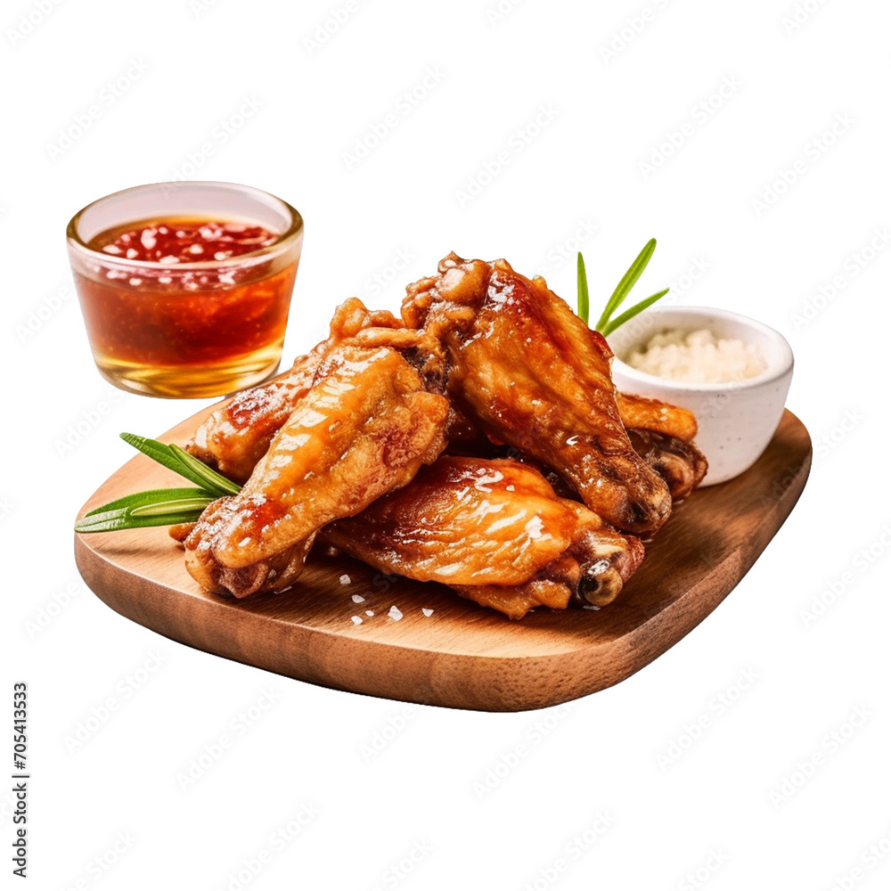 fried chicken wings on a white background.
