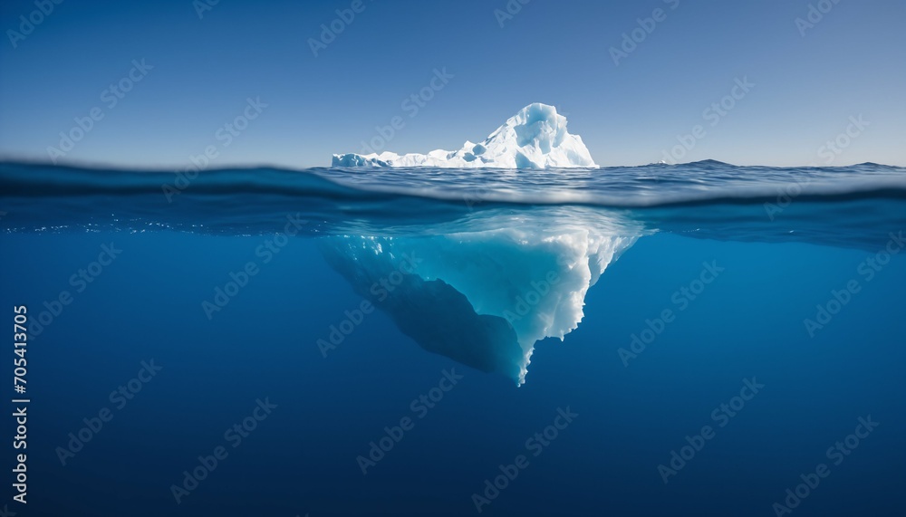 White iceberg floating in ocean, half underwater view, hidden danger and global warming concept White iceberg floating in ocean, half underwater view, hidden danger and global warming concept