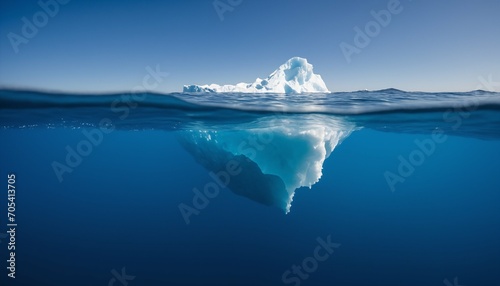White iceberg floating in ocean, half underwater view, hidden danger and global warming concept