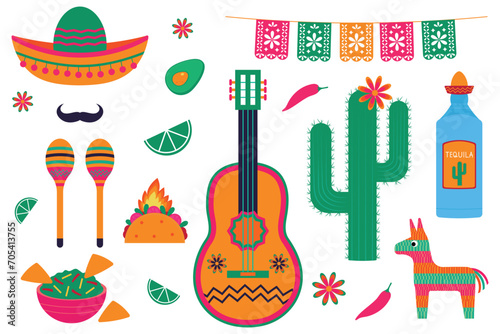 Mexican fiesta set on white background . Sombrero, guitar, maracas, pinata, guitar, cactus, food, drinks and decorations. Cinco de Mayo, vector illustration, EPS 10.