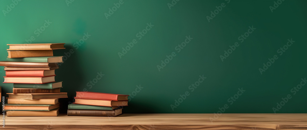 back to school banner with pile of books and chalkboard copy space background back to school banner with pile of books and chalkboard copy space background