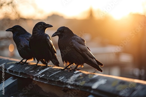 Crow sitting on the roofs in the morning AI Generative