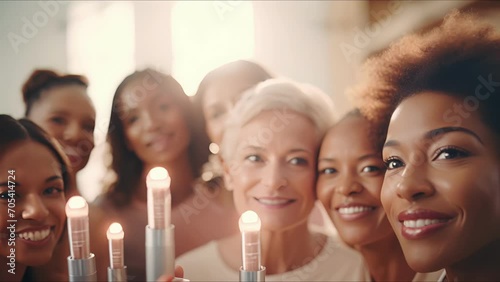 Closeup of a diverse group of people of different ages using facial rollers and serums to promote youthful looking skin. photo