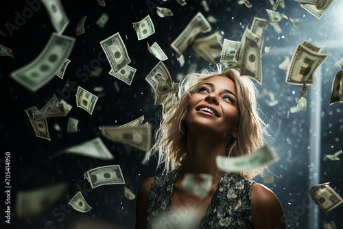 Beaming young woman surrounded by a shower of falling dollar bills © Old Man Stocker