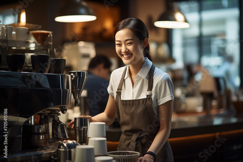 Young Asian barista serving with a smile in a bustling coffee shop