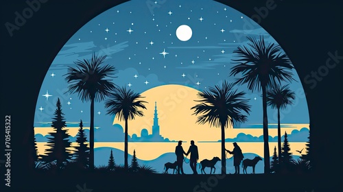 Christmas nativity with camels and camels in the night  Ephiny Day  Christian Holiday