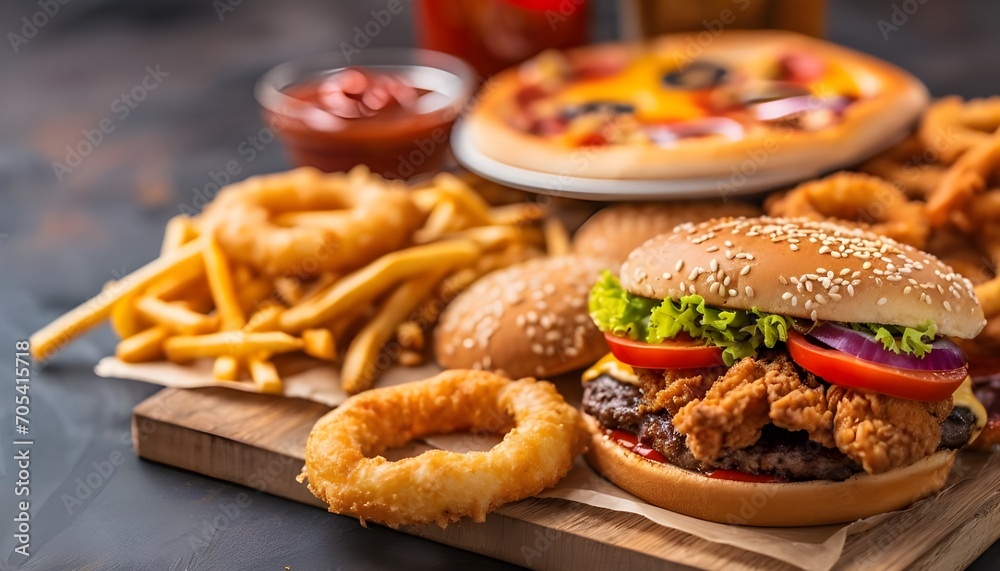 Fast food concept with greasy fried restaurant take out as onion rings burger and hot dogs with fried chicken french fries and pizza as a symbol of diet temptation resulting in unhealthy nutrition. Fast food concept with greasy fried restaurant take out as onion rings burger and hot dogs with fried chicken french fries and pizza as a symbol of diet temptation resulting in unhealthy nutrition.