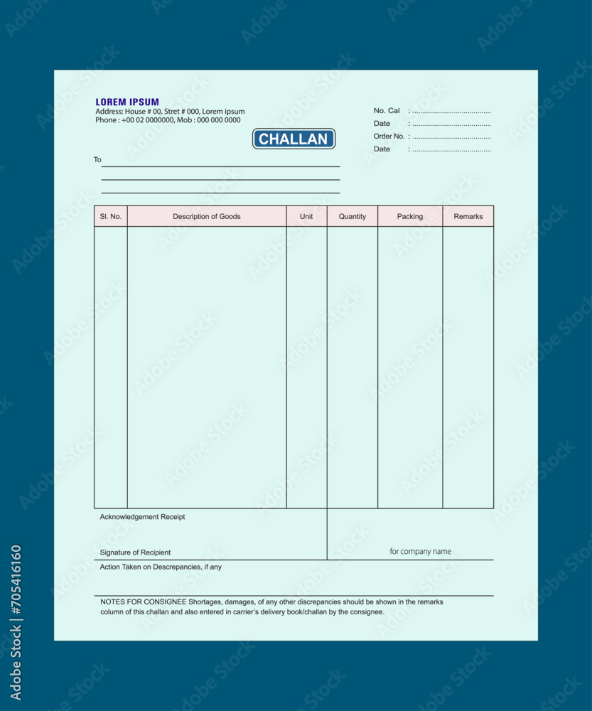 Vecteur stock bill challan template design challan delivery challan