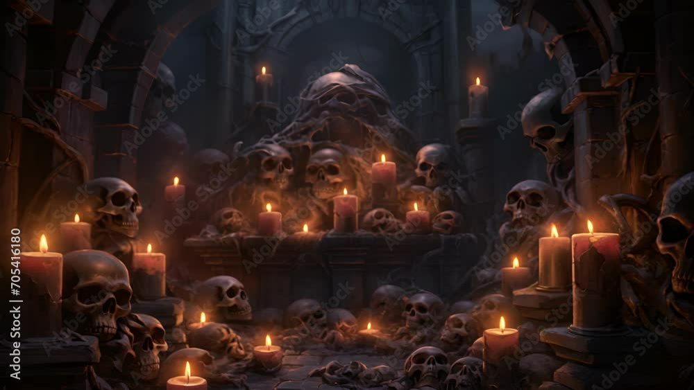 Flickering candles illuminating a cobwebstrewn dungeon with grinning skulls