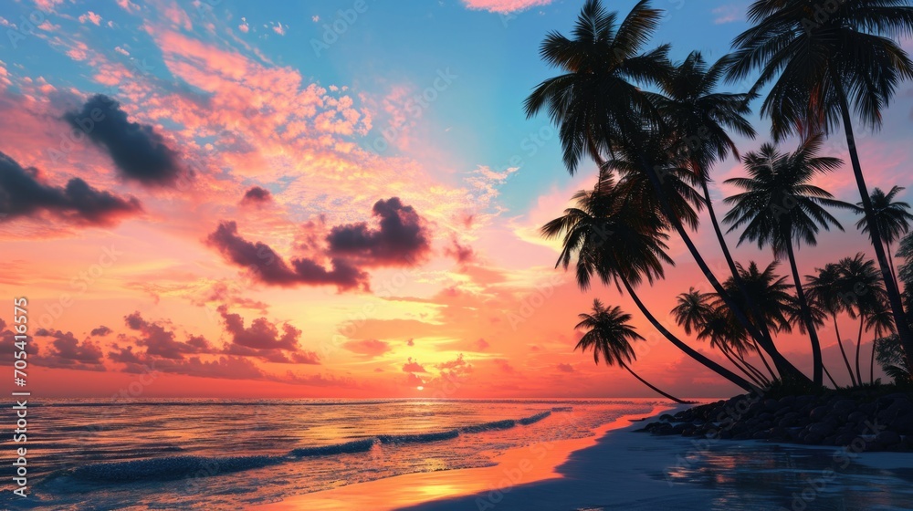 Coconut palms silhouette on paradise pink and orange sunset
