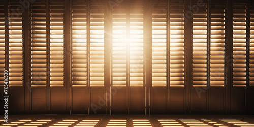 Sunlight streaming in through window blinds,A window with a brown blind that has the word window on it,Shuttered window with one pane open letting through rays of light and a faint,Wooden blinds. Wood