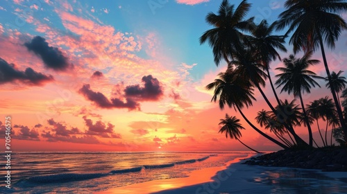 Coconut palms silhouette on paradise pink and orange sunset © mariiaplo