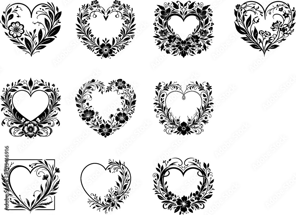 Set of floral ornament heart shape frame