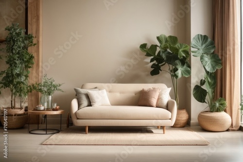 Rustic interior home design of modern living room with beige loveseat sofa and a vase of green plants © Basileus