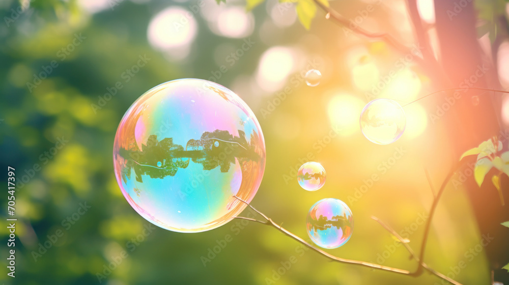 Colorful soap bubbles floating gently in the air with a backdrop of lush greenery and sunlight filtering through trees.