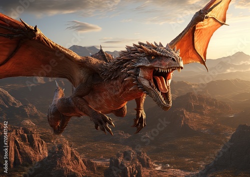 Fototapeta Naklejka Na Ścianę i Meble -  Fierce Dragon Landing in Rocky Terrain