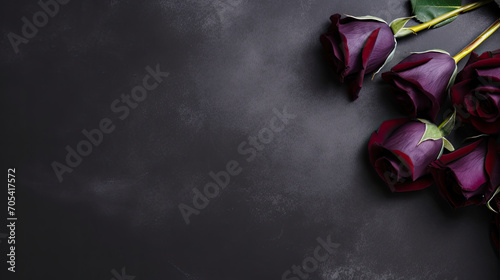 Top view of natural and fresh dark red roses on dark surface. Garnet or wine red flowers bunch wallpaper or background with copy space for text. Generative AI.