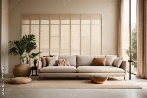 Bohemian interior home design of modern living room with beige sofa next to the window