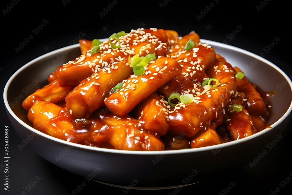 Tteokbokki, chewy rice cakes bathed in a sweet and spicy gochujang sauce, Tteokbokki, chewy rice cakes bathed in a sweet and spicy gochujang sauce,