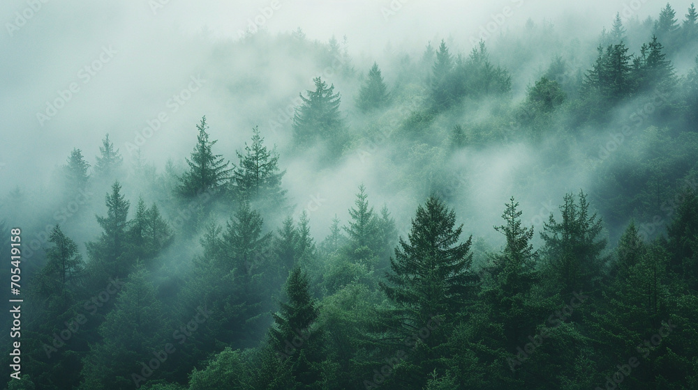 high angle shot of a foggy forest landscape