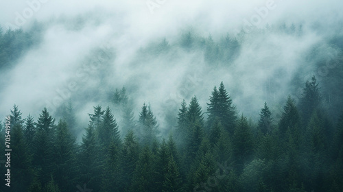 high angle shot of a foggy forest landscape © shiroi