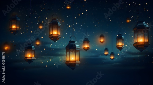 Whimsical illustration of lanterns floating in the night sky