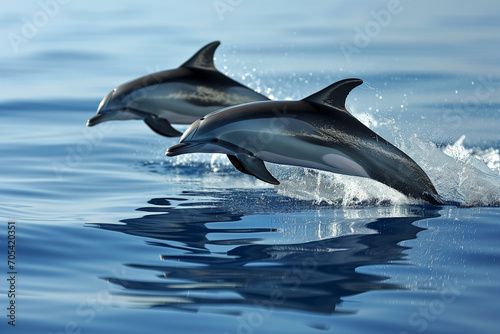 Two dolphins are leaping together above the blue waters, creating a synchronized splashes and ripples in their wake.