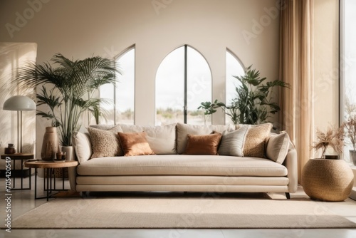 Bohemian interior home design of modern living room with beige sofa next to the window © Basileus
