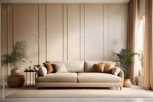 Bohemian interior home design of modern living room with beige sofa next to the window © Basileus