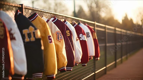 Closeup of a group of varsity jackets hanging on a fence, signifying the pride and sense of belonging that comes with being part of a sports community. photo