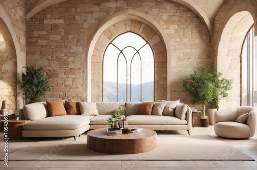 Rustic interior home design of modern living room with beige sofa and stone wall with arched windows  views of the mountains