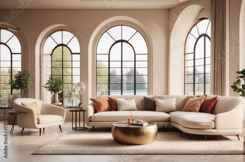 Interior home design of luxurious mid century style living room with beige sofa in room with arched window tree view © Basileus