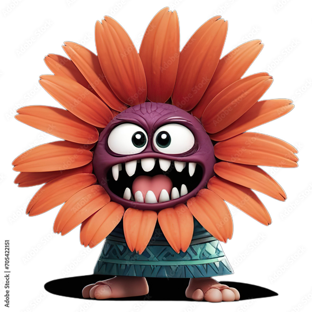 Illustration of monster-shaped Gerbera flower with tribal touches, PNG without a background