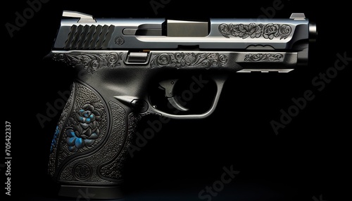 Smith & Wesson M&P9 with stickers shaped gold skull decal  , studio light photo