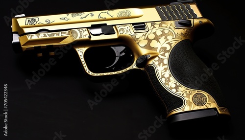 Smith & Wesson M&P9 with stickers shaped gold skull decal  , studio light © Didar