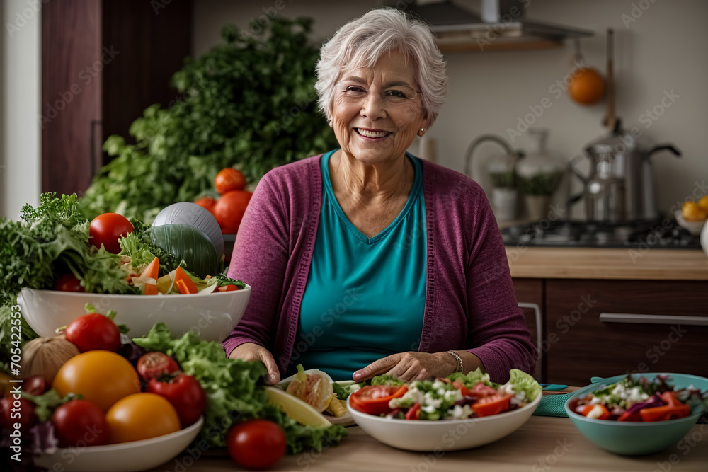 senior woman with a indulging in a colorful and fresh vegetable salad in the comfort of her own home